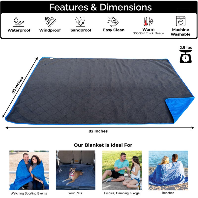 BRAWNTIDE Large Outdoor Waterproof Blanket - Quilted, Extra Thick Fleece, Warm, Windproof, Includes Stuff Sack, Ideal for Stadiums, Sports, Picnics, Beach, Pets, Car, Truck, SUV (Royal Blue) - Image 2